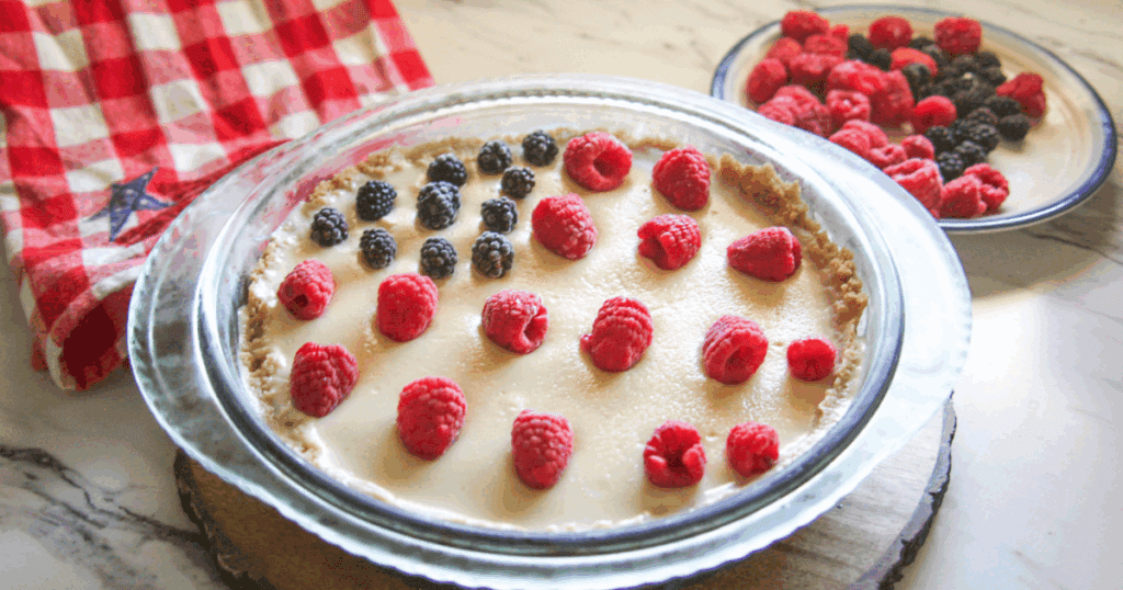 Overhead view of 4th of July Pie with fresh berries topping