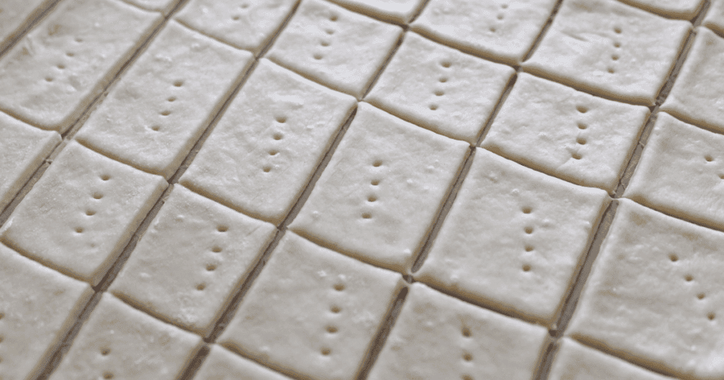 Sourdough Discard Crackers Rolled out sourdough discard cracker dough scored into squares before baking