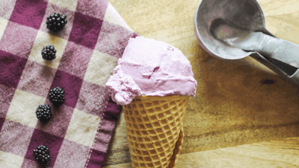 Close-up of blackberry ice cream highlighting creamy texture and berry pieces