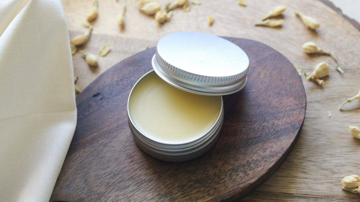 DIY tallow lip balm tin with lid propped open, surrounded by dried jasmine flowers.