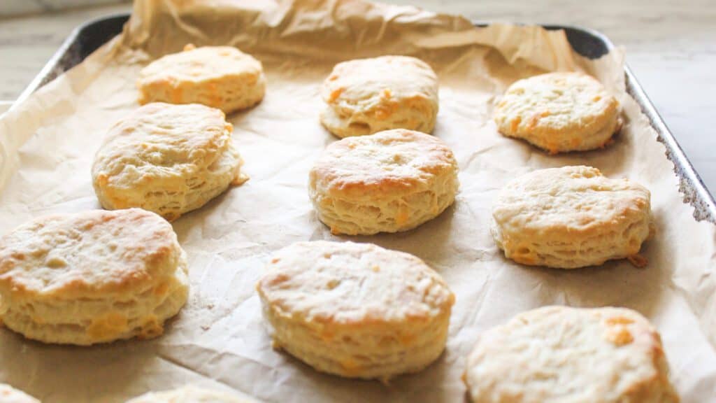 Easy Cheddar Biscuits Freshly baked cheddar biscuits resting on a parchment-lined baking sheet.