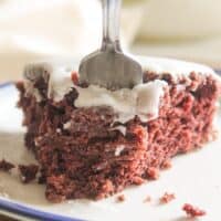 A close-up of a slice of chocolate cake with white icing, a fork pressing into the soft crumb.