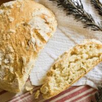 Sliced no-knead artisan bread showing soft crumb and crispy crust.