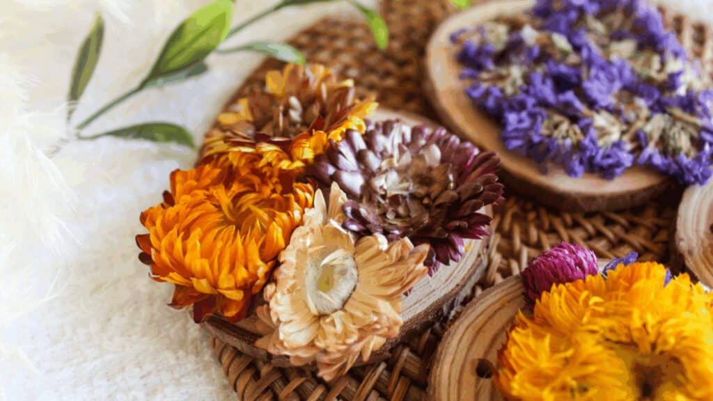 DIY rustic wood slice Christmas ornaments with dried flowers