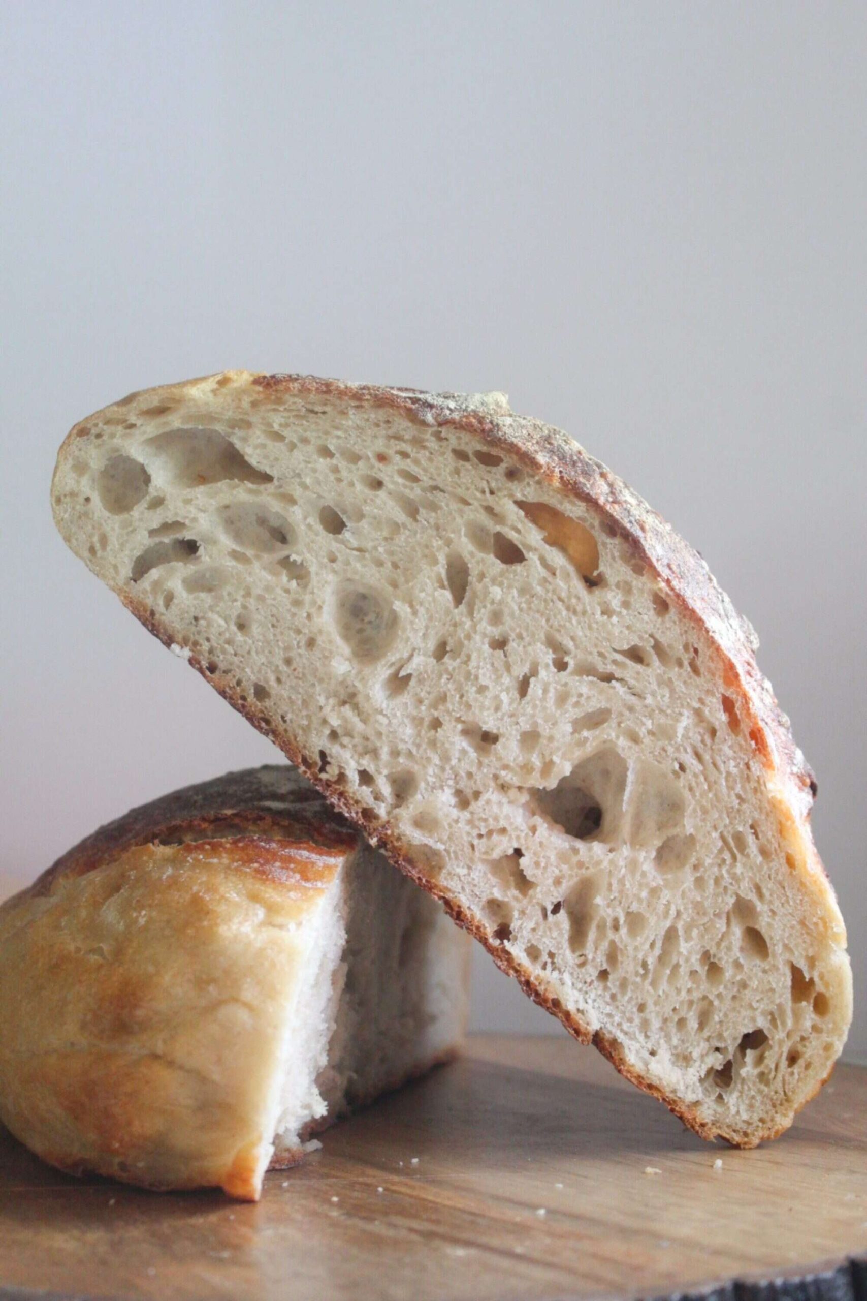 Same Day Sourdough Bread Inside view of same day sourdough bread showing airy crumb and golden crust.