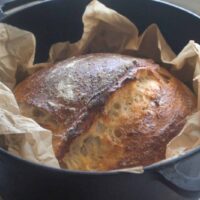 Same Day Sourdough Bread Golden brown same day sourdough bread baked in a Dutch oven with parchment paper.