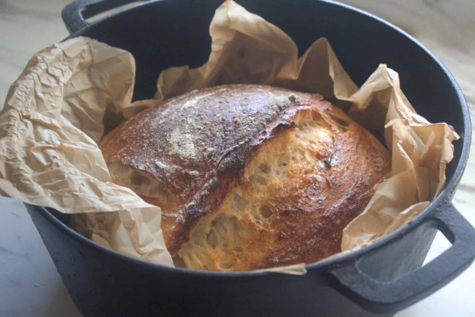 Same Day Sourdough Bread Golden brown same day sourdough bread baked in a Dutch oven with parchment paper.