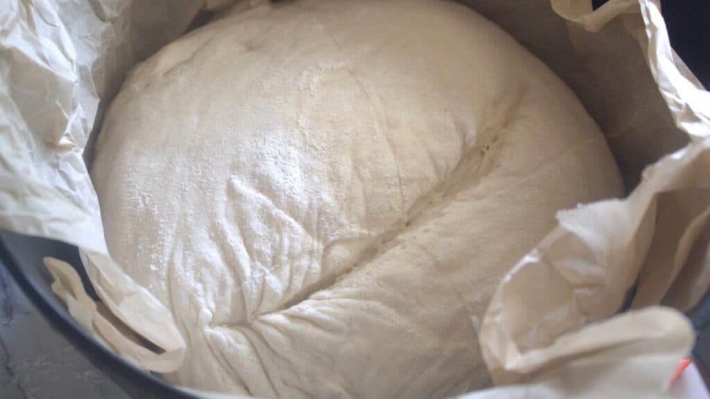 Same Day Sourdough Bread Unbaked sourdough dough scored and placed on parchment paper in a cast iron Dutch oven.