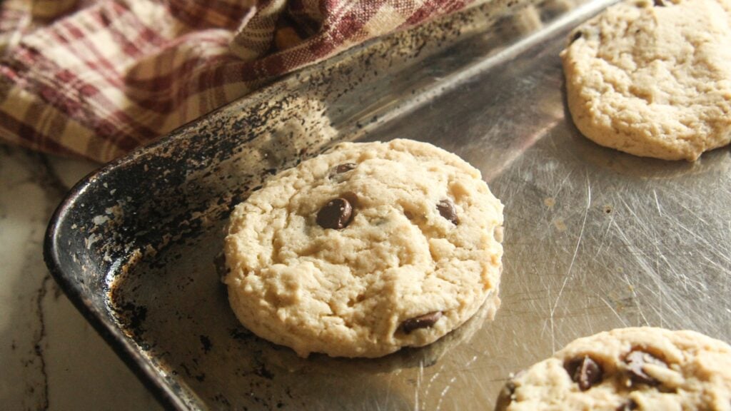 Baked Greek yogurt chocolate chip cookie on a tray