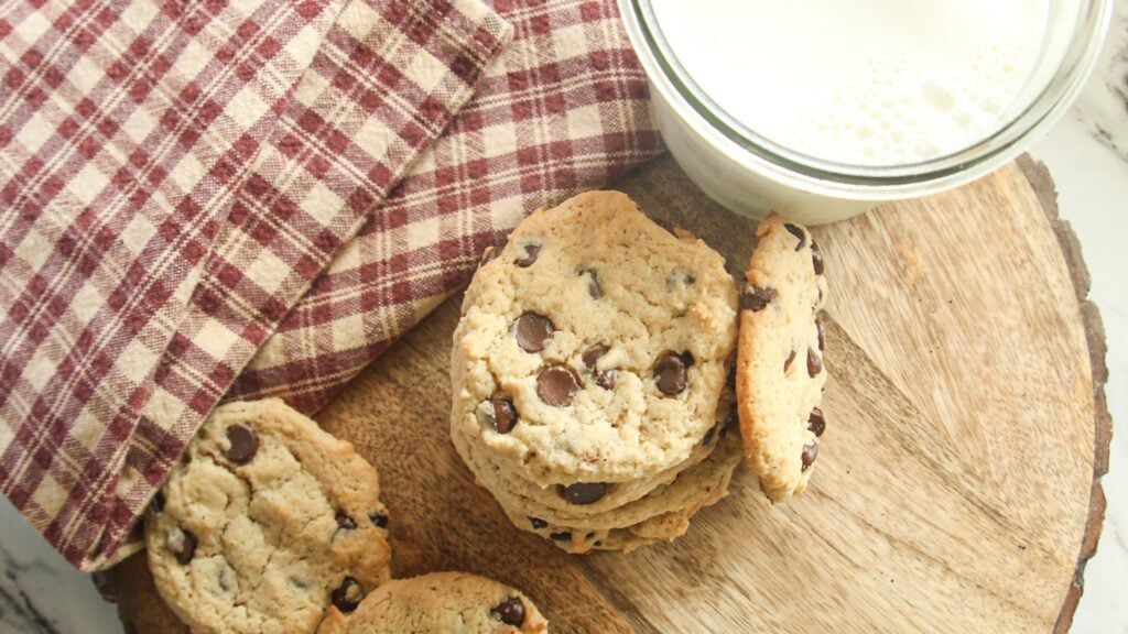 Stack of Greek yogurt chocolate chip cookies with a rustic background
