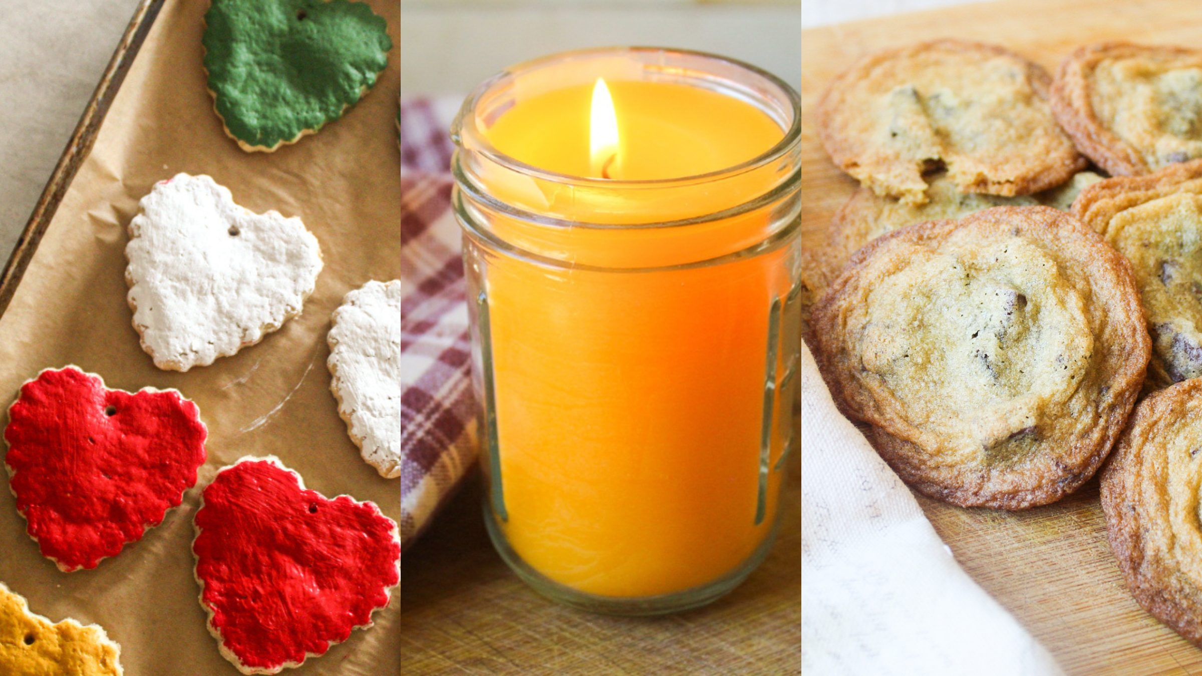 Homemade Christmas gifts including salt dough ornaments, a beeswax candle, and fresh baked cookies on a wooden surface.