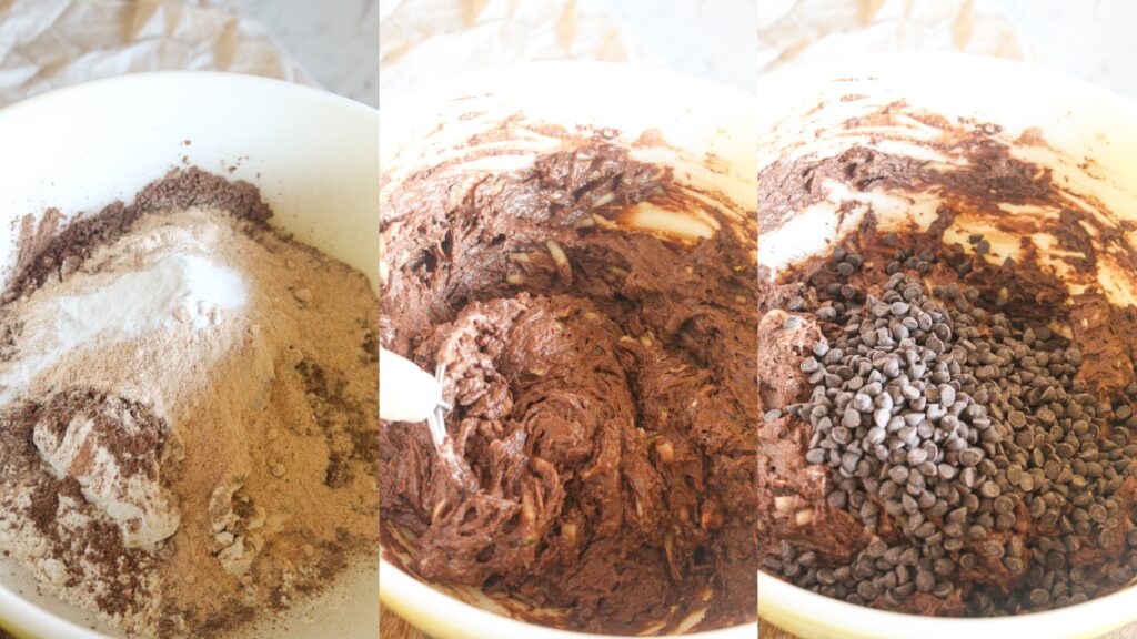 Chocolate Chip Zucchini Muffins Dry ingredients, wet ingredients, and chocolate zucchini muffin batter in bowl