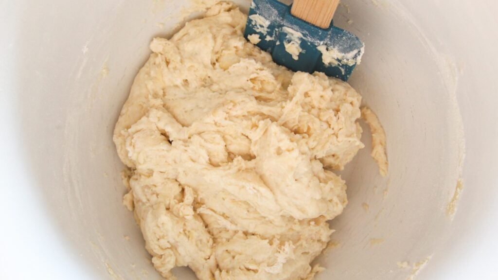 Dairy-free dumpling dough mixed and ready for chicken and dumplings soup