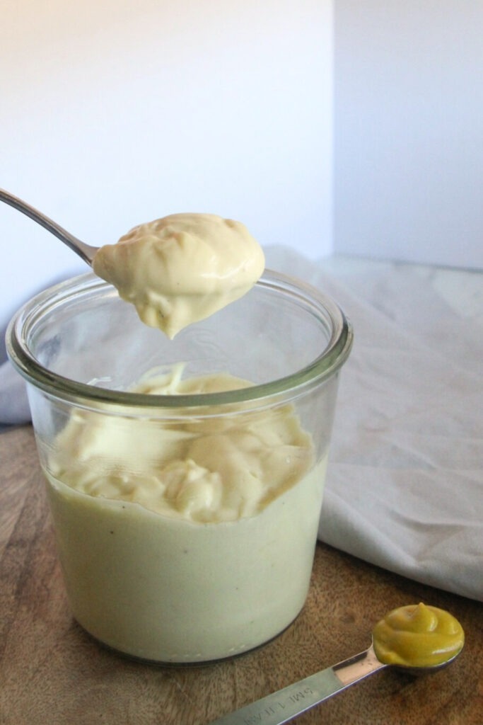 Homemade mayonnaise spread showing thick and creamy texture