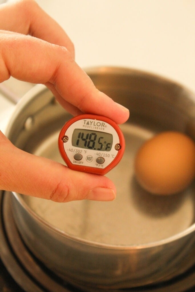 Thermometer in hot water showing egg pasteurization temperature