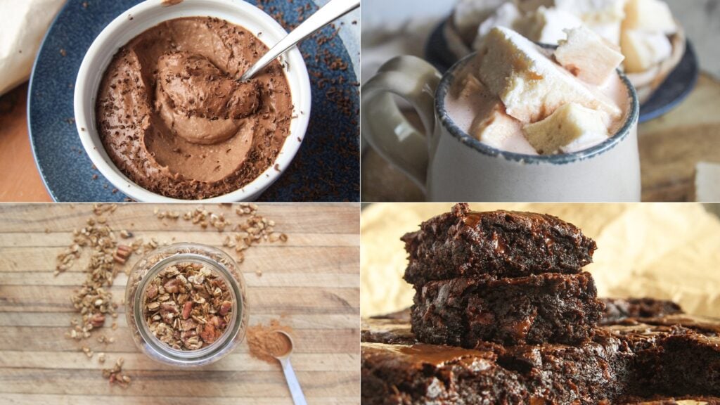 Flat lay of four kid-friendly healthy snacks and desserts: chocolate mousse, sweet potato brownies, homemade marshmallows, and pecan pie granola.