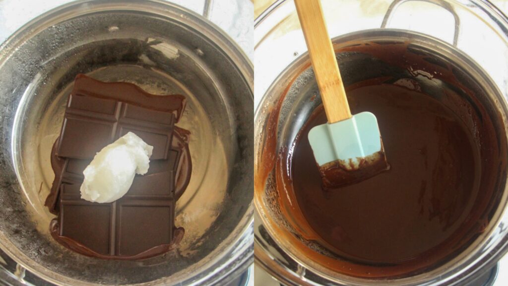 Strawberry Pretzel Bark (Dairy-Free) Side-by-side comparison of dark chocolate bars with coconut oil in a bowl, and the same chocolate fully melted and smooth with a spatula.