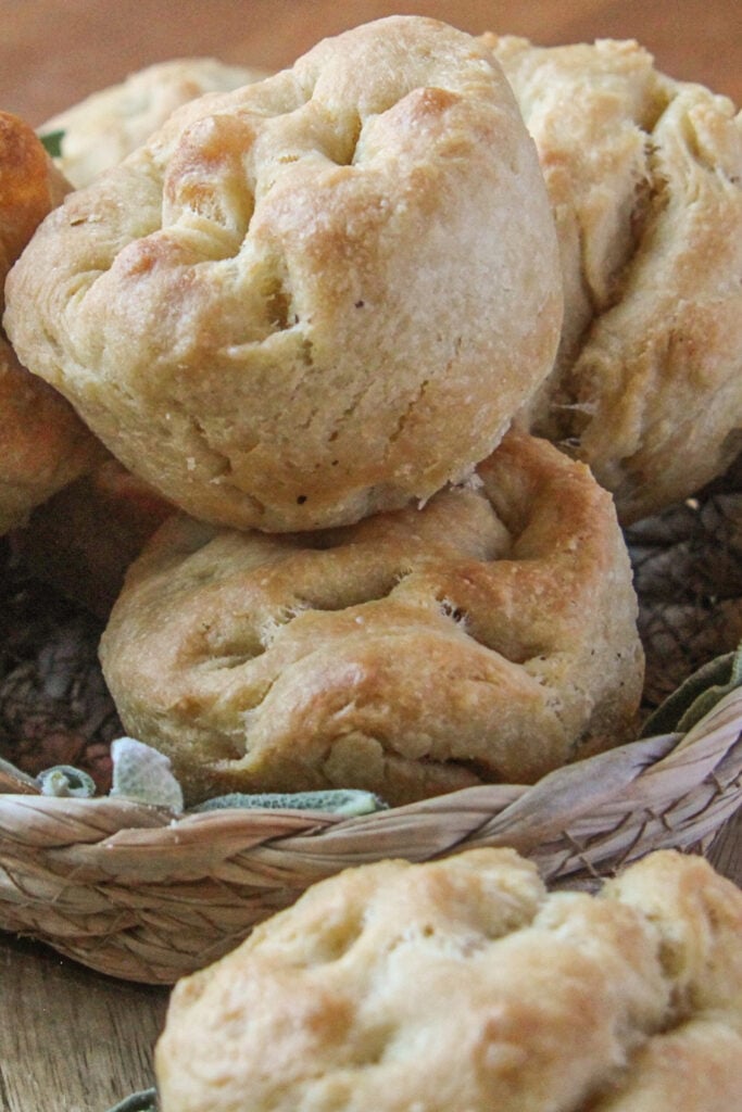 Stacked no-yeast focaccia muffins with sage