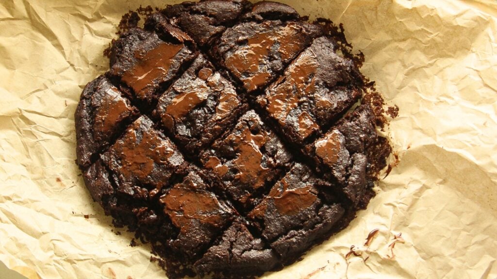 Close-up of gooey nut-free sweet potato brownies