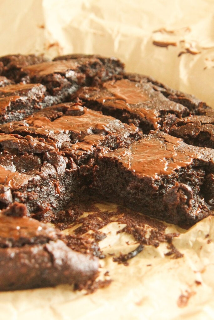 Sweet potato brownies ready to serve on parchment paper