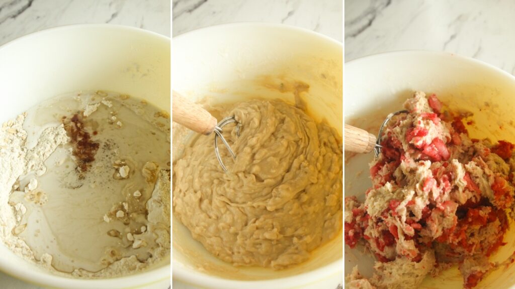 Three-panel collage showing the process of mixing dry and wet ingredients for strawberry muffins and folding in fresh fruit.