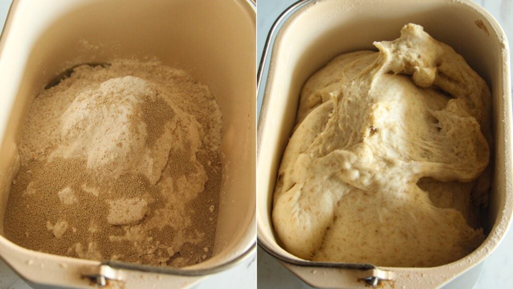 Two side-by-side images showing dry spelt flour and yeast in a bread machine pan and the resulting kneaded dough.